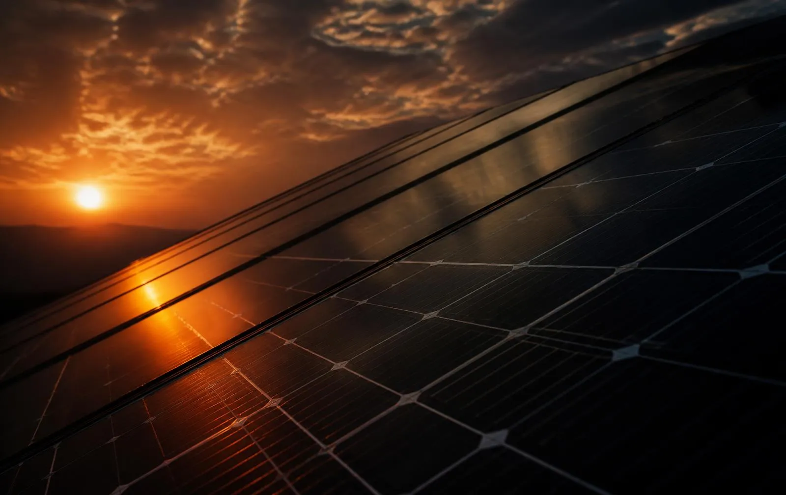 Painéis fotovoltaicos ao pôr do sol em uma fazenda solar