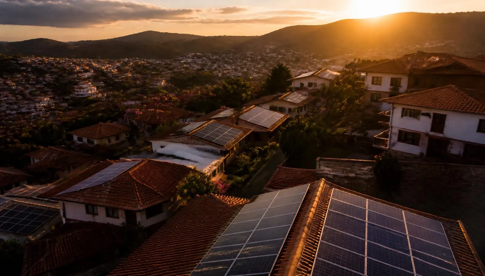 Telhados residenciais com painéis solares ao pôr do sol